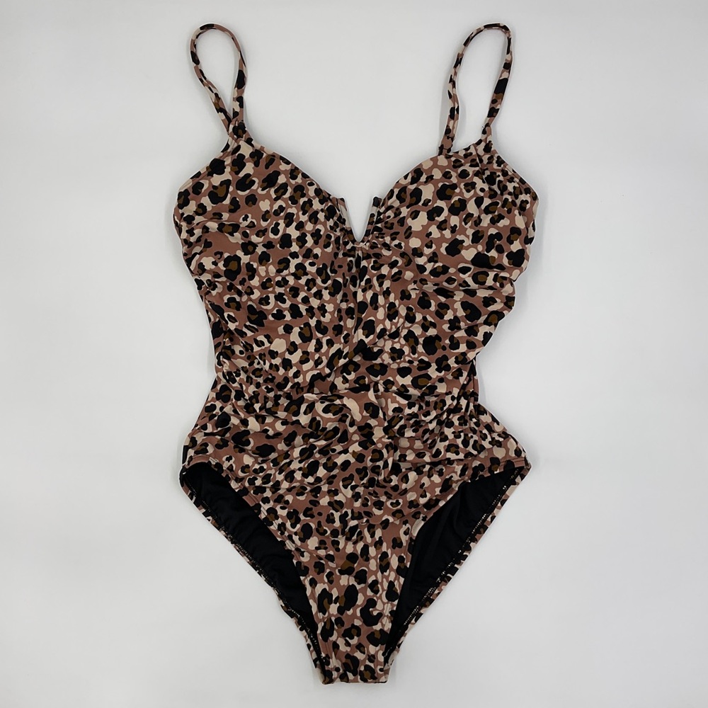 Leopard Print Deep Plunge Ruched One Piece Swimsuit